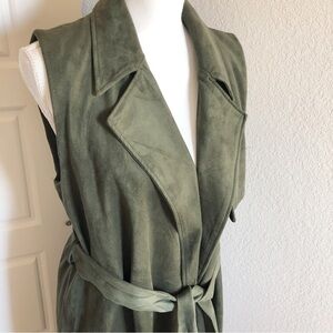 Who What Wear Sleeveless Trench Belted Vest Faux Suede Olive Green